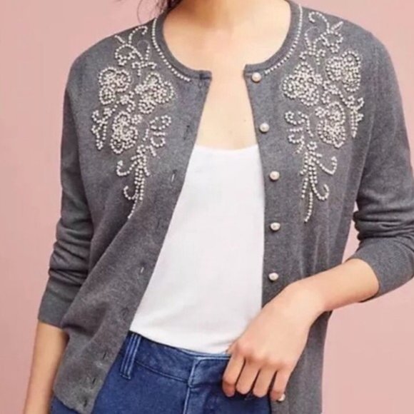 Anthropologie Pearl Embellished Gray Cardigan Sz S - Picture 2 of 12